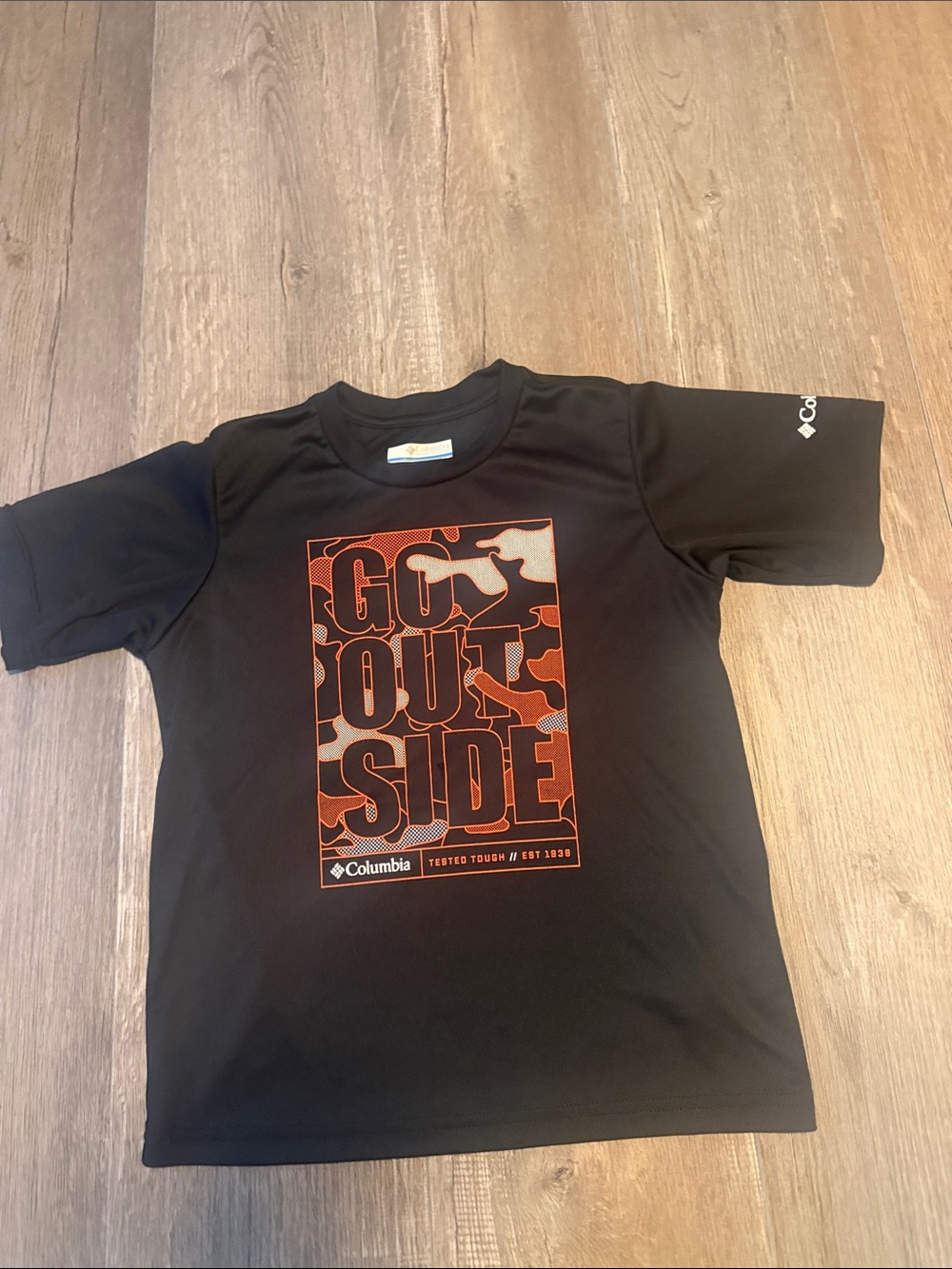 Columbia Black Tee with Orange 'Go Outside' Graphic